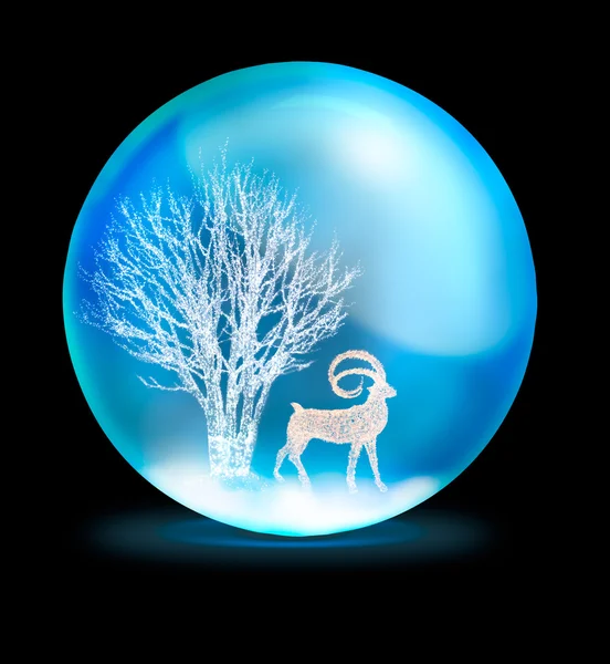Árbol de iluminación y ciervos en bola de cristal sobre fondo negro — Foto de Stock