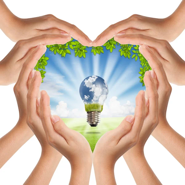 Hands make heart shape cover nature and light bulb — Stock Photo, Image