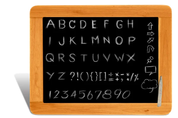 Alfabeto de escritura a mano sobre marco de tablero negro de madera — Foto de Stock