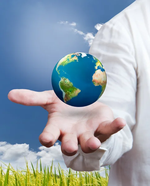 Earth globe in his hands, saving environment concept — Stock Photo, Image