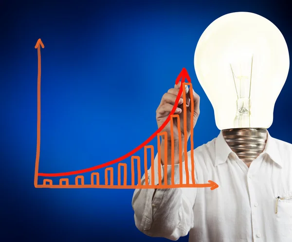 Uomo d'affari con grafico della crescita del disegno a testa di lampada — Foto Stock