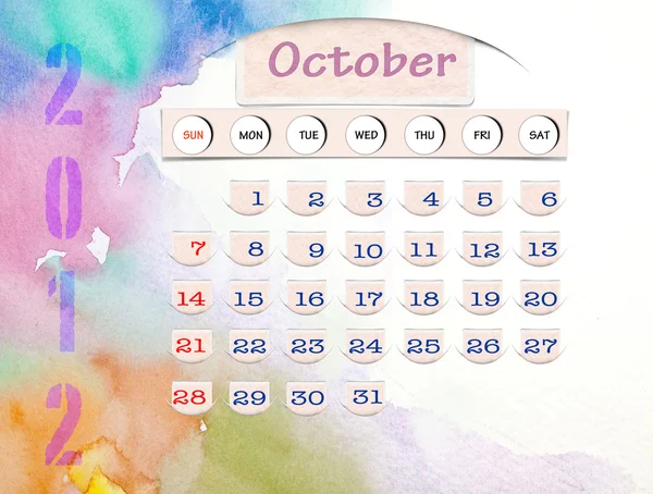 Kalender 2010, oktober på vatten färg — Stockfoto