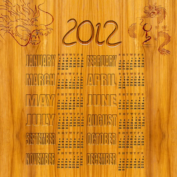 Calendar 2012, year of dragon , January — Stock Photo, Image