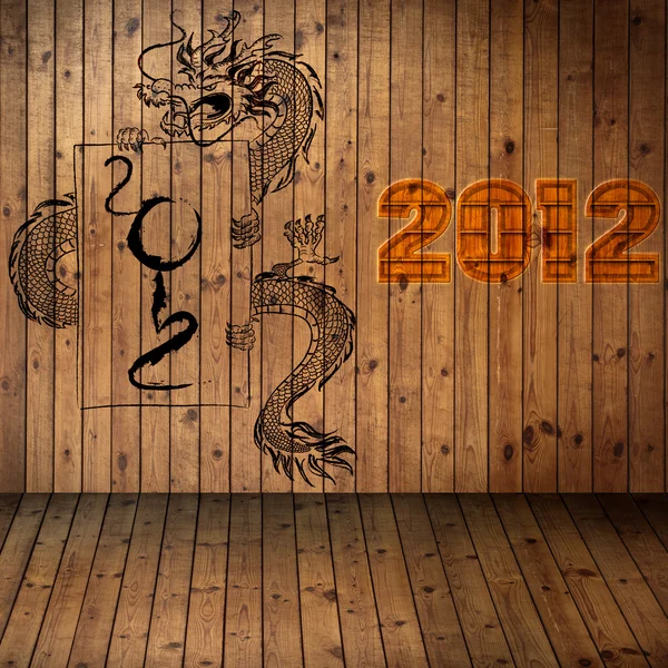 Anno 2012, vecchia carta grung con drago su legno Texture uso per ba — Foto Stock