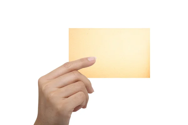 Aislado: tarjeta en blanco con la mano sobre fondo blanco — Foto de Stock