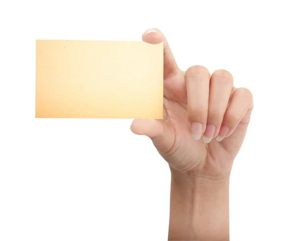 Aislado: tarjeta en blanco con la mano sobre fondo blanco — Foto de Stock