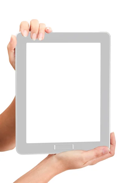 Kobieta dotknąć tył touch pad za pomocą swojej promocji rynku — Zdjęcie stockowe