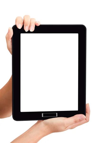 Kobieta dotknąć tył touch pad za pomocą swojej promocji rynku — Zdjęcie stockowe