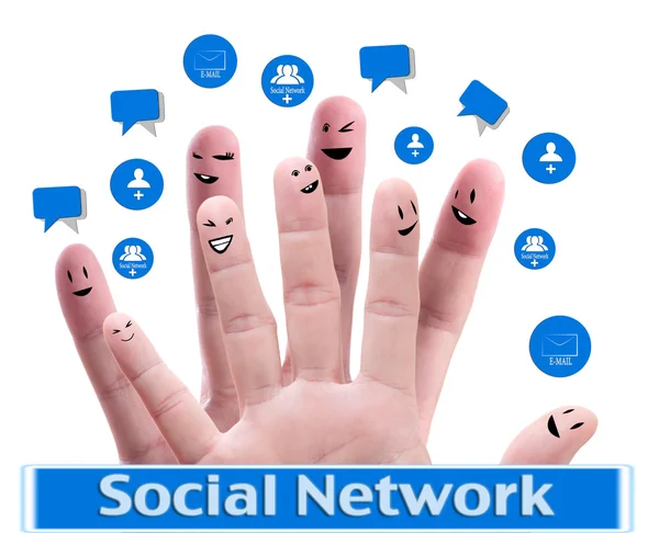 Koncept sociální sítě šťastný skupiny prstem tváře s spee — Stock fotografie