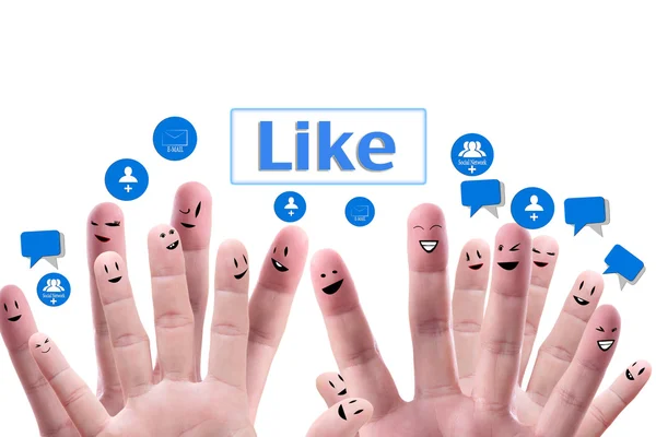 Szociális hálózat fogalmának ujj arcok spee boldog csoportja — Stock Fotó