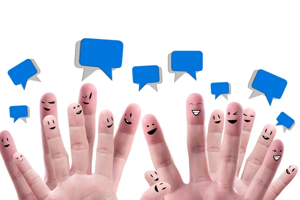 Conceito de rede social de grupo feliz de rostos de dedo com spee — Fotografia de Stock