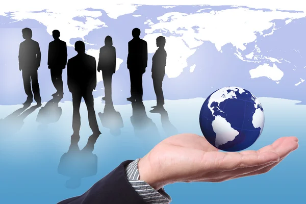 Business man Hand with eco global and standing with world — Stock Photo, Image