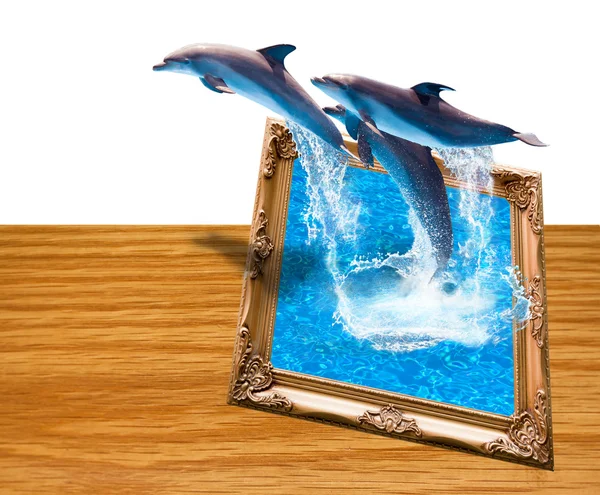 Marco de fotos mágico con tres delfines saltar — Foto de Stock