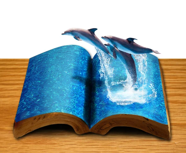Magiska boken med tre delfiner hoppa från boksida — Stockfoto