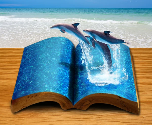 Libro magico con tre delfini saltare dalla pagina del libro — Foto Stock