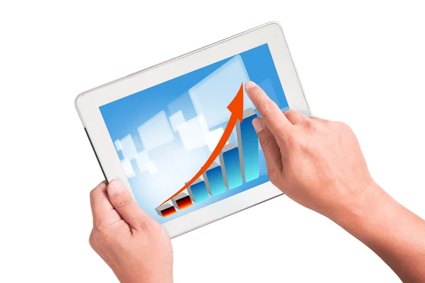 Hand met een touchpad pc met groei grafiek — Stockfoto