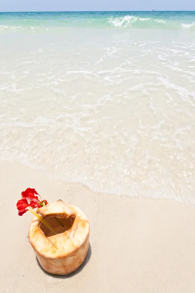 Кокосовый орех на белом песке и красивая волна — стоковое фото