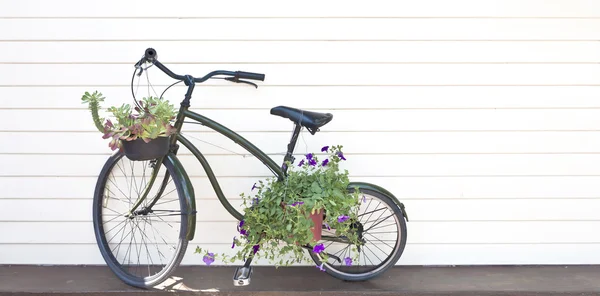 Vecchia bicicletta nera con fiori — Foto Stock
