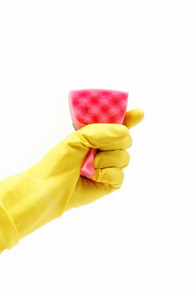 Ένα κίτρινο καθαρισμού γάντι με ένα σφουγγάρι σε λευκό φόντο — Φωτογραφία Αρχείου