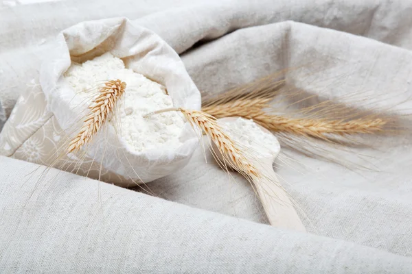 Farina e chicco di grano su sacco — Foto Stock