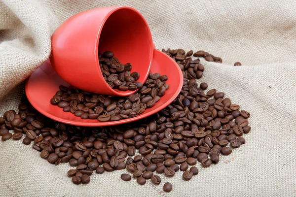 Kaffebönor med en kopp och fat på säckväv. — Stockfoto