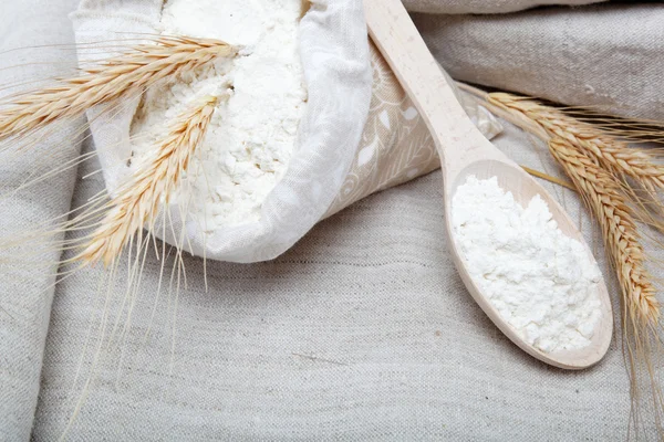 Harina y grano de trigo sobre saco — Foto de Stock