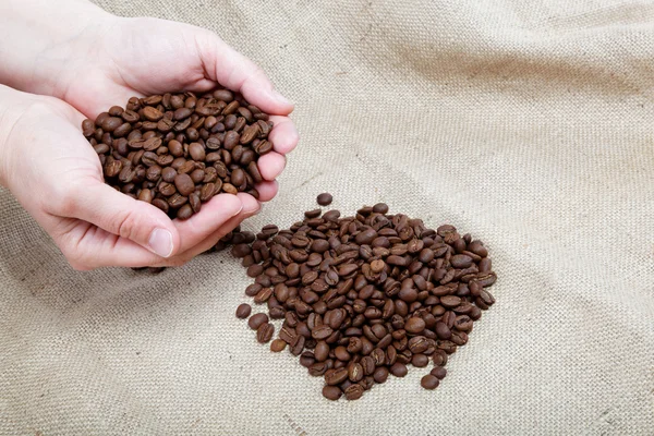 Female hand with coffee beans, isolated on sacking. — Stock Photo, Image