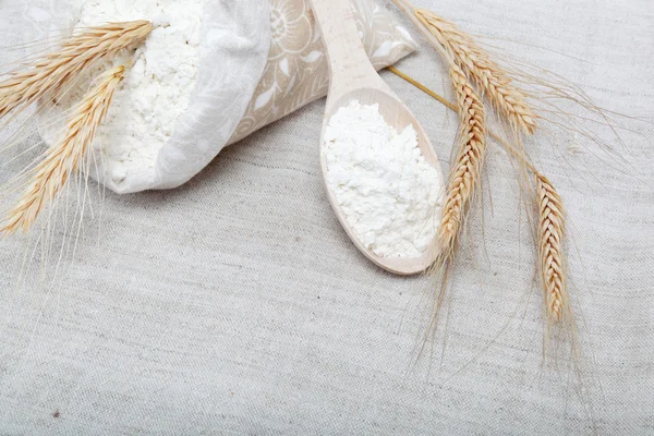 Harina y grano de trigo sobre saco — Foto de Stock