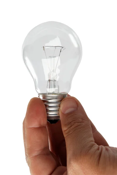 Braço segurando lâmpada isolada em branco — Fotografia de Stock