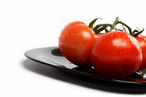 Verse tomaten op een plaat, geïsoleerd op een witte achtergrond. — Stockfoto