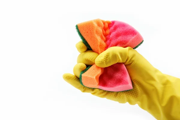 手工用橡胶手套和清洁海绵在白色背景上 — 图库照片