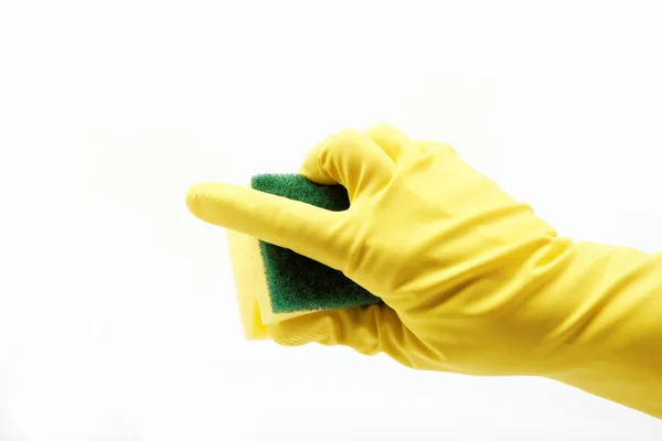 Žlutá čistící rukavice s houbou proti Bílému pozadí — Stock fotografie