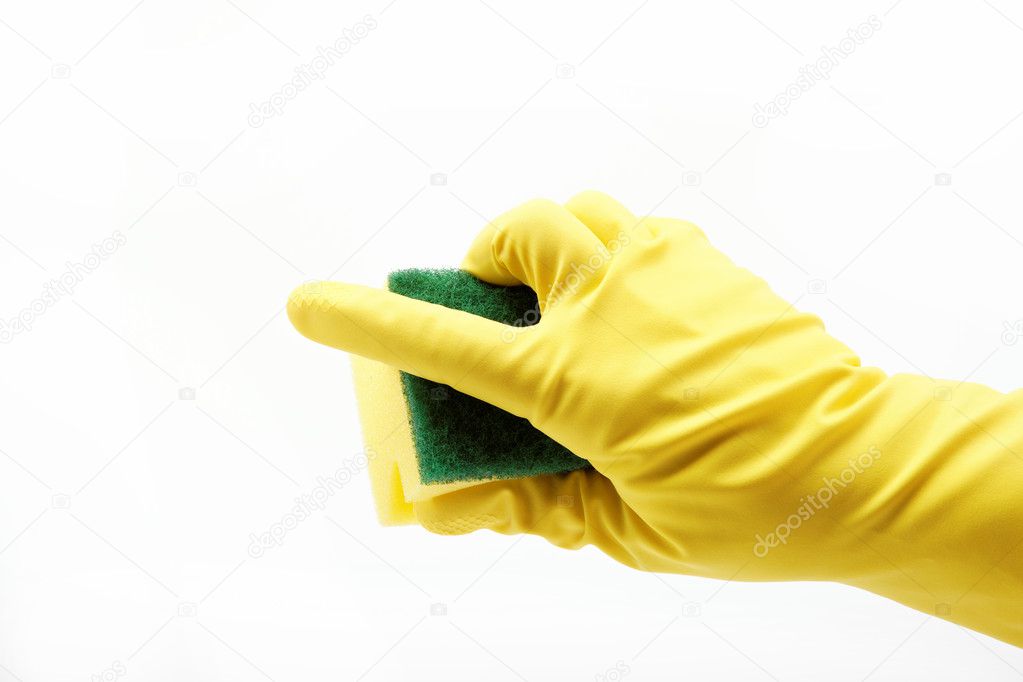 A yellow cleaning glove with a sponge against a white background