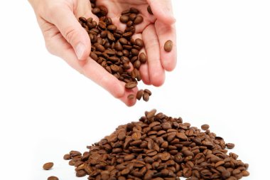 Beautiful woman's hand holding the coffee beans, isolated on whi clipart