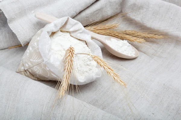 在麻布上的面粉和小麦籽粒 — 图库照片