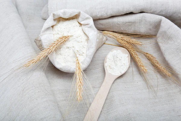 Flour and wheat grain on sackcloth — Stock Photo, Image