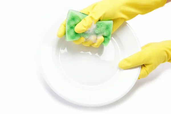 Rukama v gumových rukavicích mohou houba deska na bílé poza — Stock fotografie