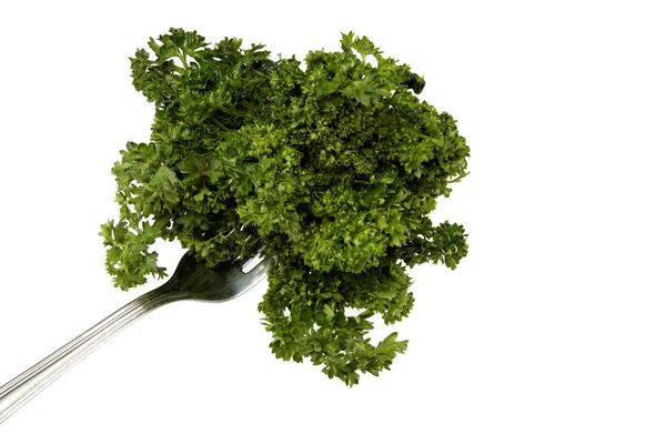 Bunch of fresh parsley on a fork isolated over white background. — Stock Photo, Image