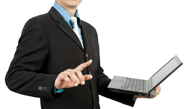 Biznesmen dłoni przesuwając i notebooków — Zdjęcie stockowe