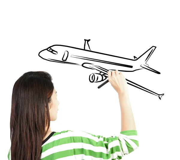 Vrouw tekenen vliegtuig transport — Stockfoto