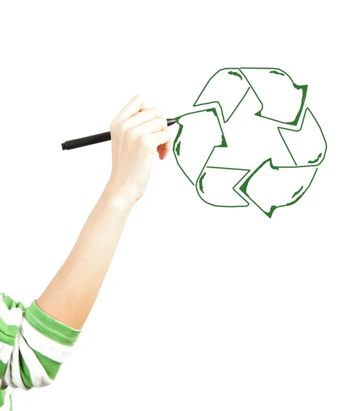 Mão desenhar reciclar sinal de reciclagem no branco — Fotografia de Stock