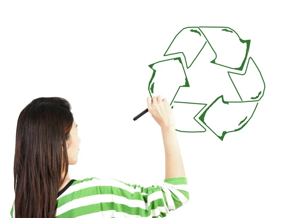 Γυναίκα επιστήσω ανακύκλωσης ανακύκλωση σύμβολο σε άσπρο φόντο — Φωτογραφία Αρχείου