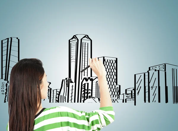 stock image Woman draw building and cityscape