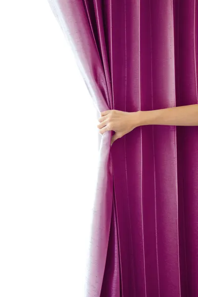 Opening the curtain and hand — Stock Photo, Image
