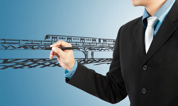 Zakenman trein vervoer en stadsgezicht tekenen — Stockfoto