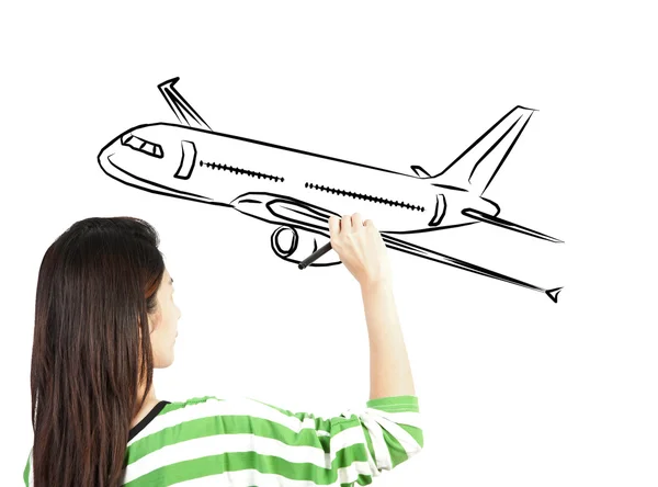 Mulher desenhar avião de transporte — Fotografia de Stock