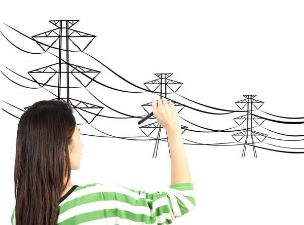 Woman drawing electric pylon and wire — Stock Photo, Image
