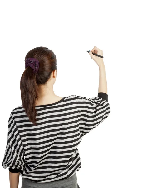Женщина рисует или пишет на белом фоне — стоковое фото