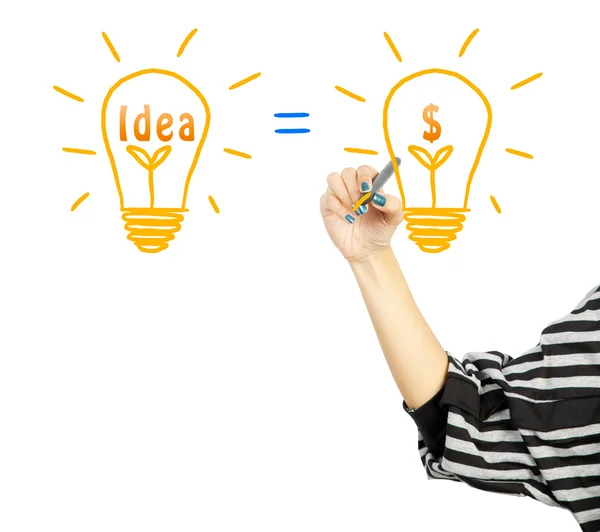 Woman drawing light bulb idea and dollar symbol — Stock Photo, Image