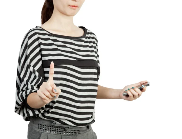 Frauen berühren Bildschirm und halten modernes Handy — Stockfoto